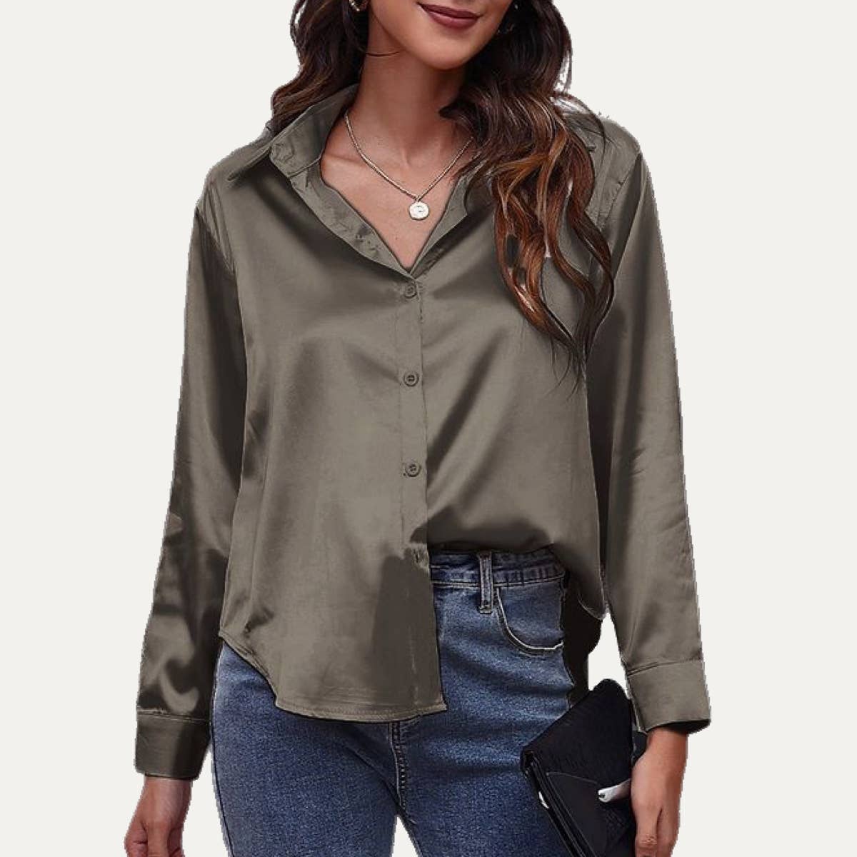 Easily Chic Solid Long Sleeve Button-Up Satin Shirt: BROWN / L