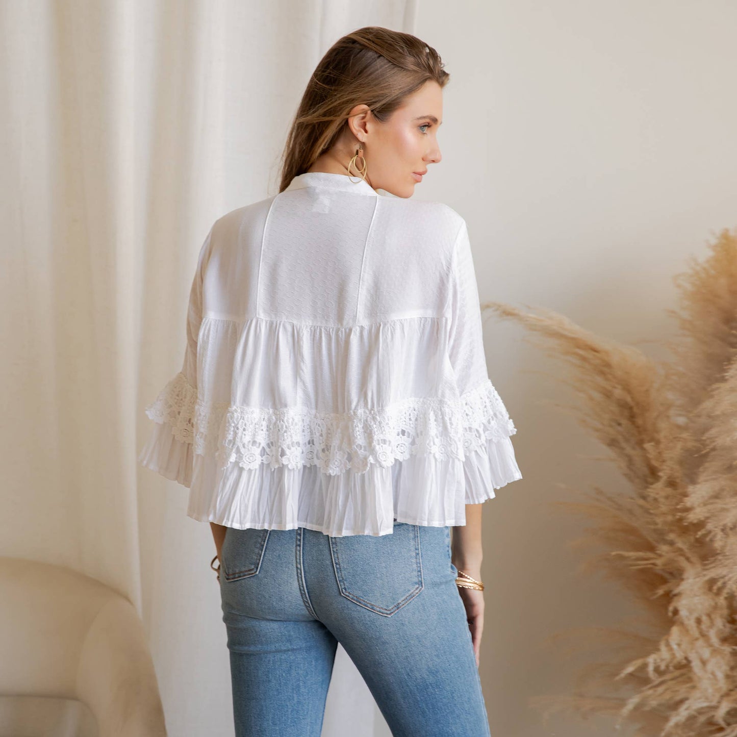 Young Threads - Mineral Wash Tiered Crochet Lace Open Front Shrug - 3 Colors
