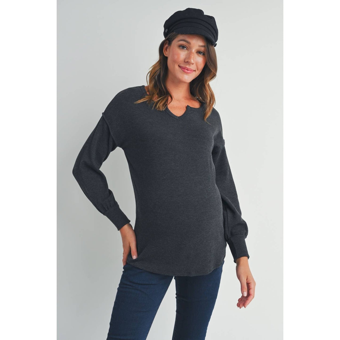Hello Miz - Split Neck Long Sleeve Maternity Knit Top