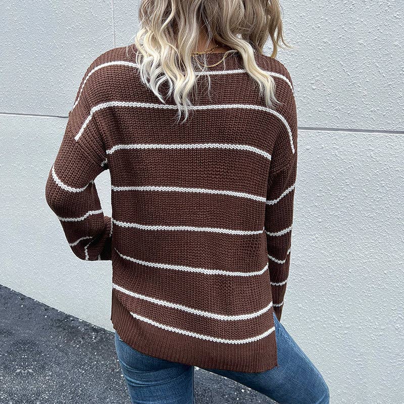 Lovesoft - Coffee Fashion Women V-Neck Long Sleeve Striped Sweater Women