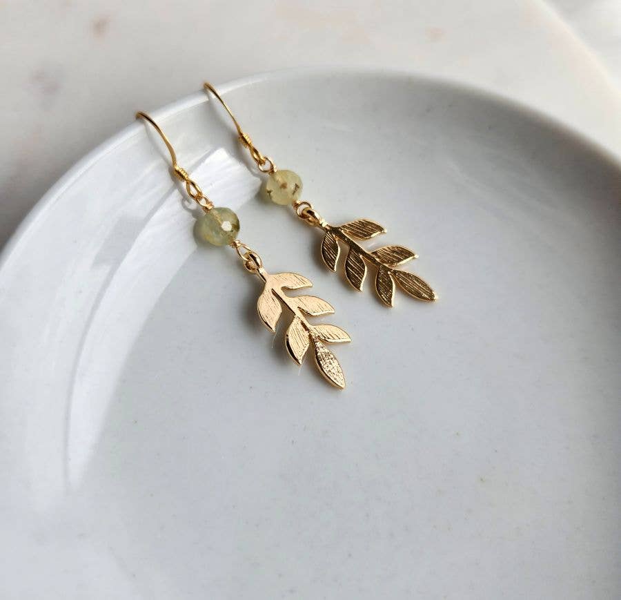 Edgy Petal Jewelry - Gold Leaf and Prehnite Earrings