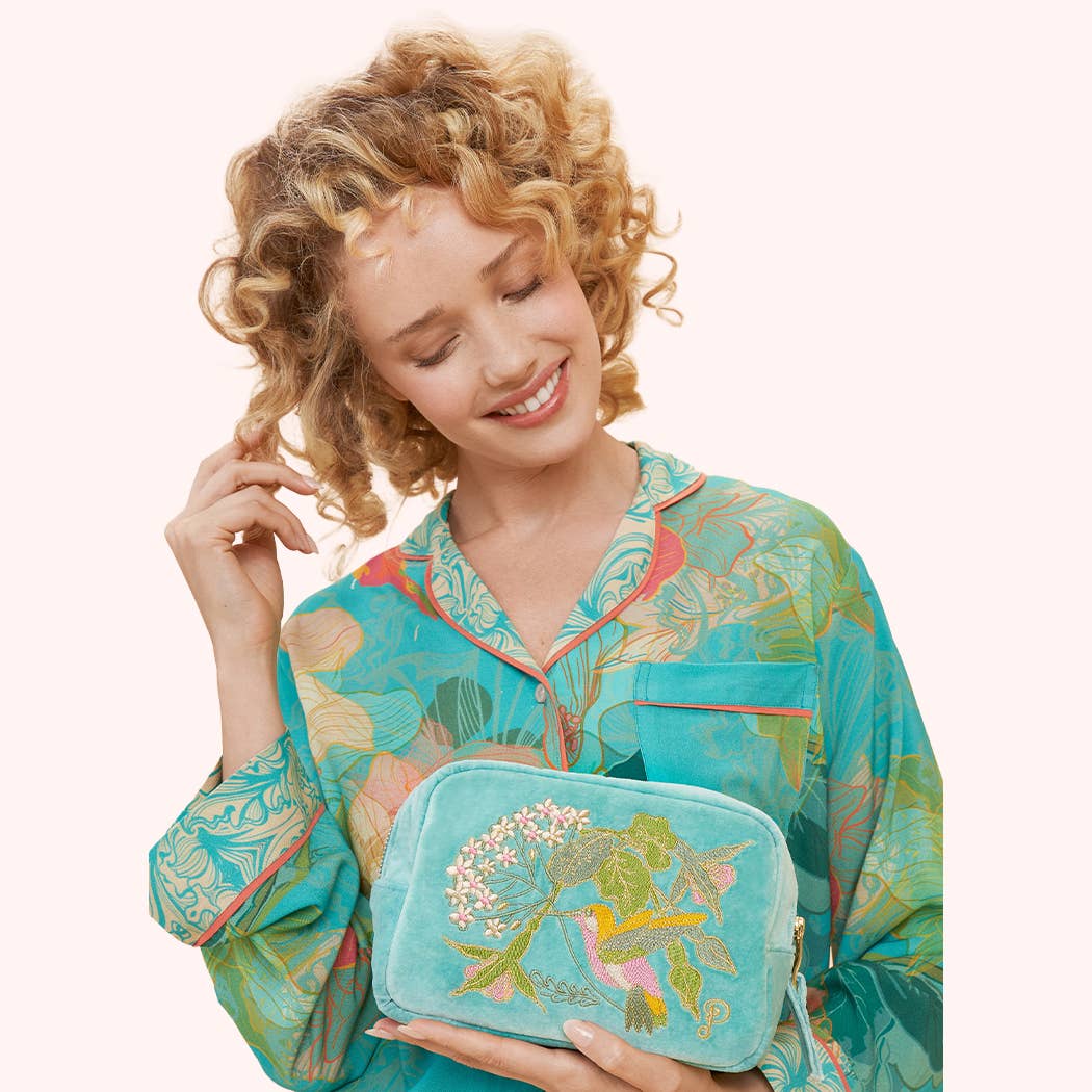 Powder Design inc - US - Velvet Embroidered Make Up Bag - Hummingbird, Aqua