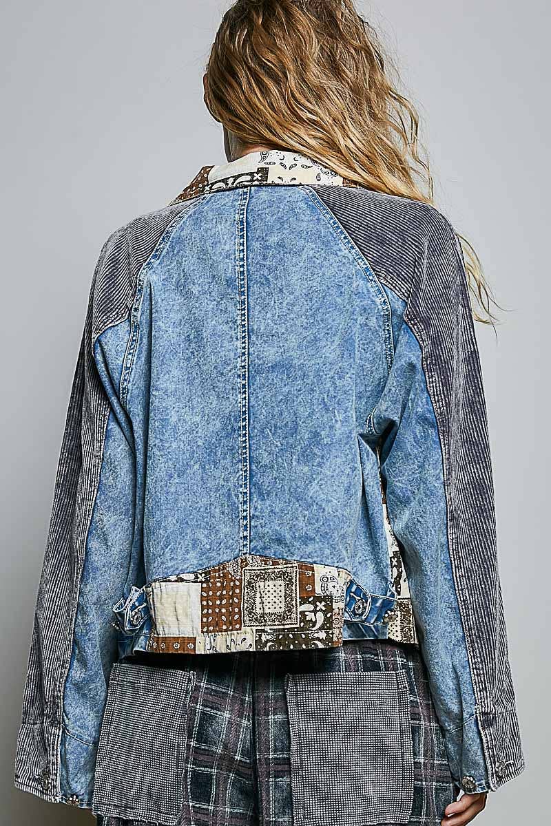 Pol Clothing - Soft Corduroy Sleeves Contrast Cropped Patchwork Jacket