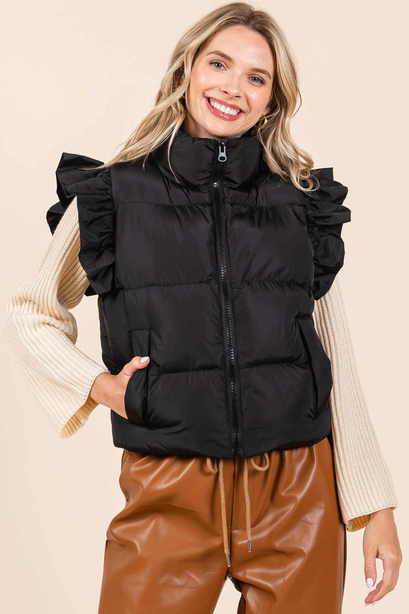 GeeGee Clothing - Ruffled Sleeve Puffer Vest, MJ4501