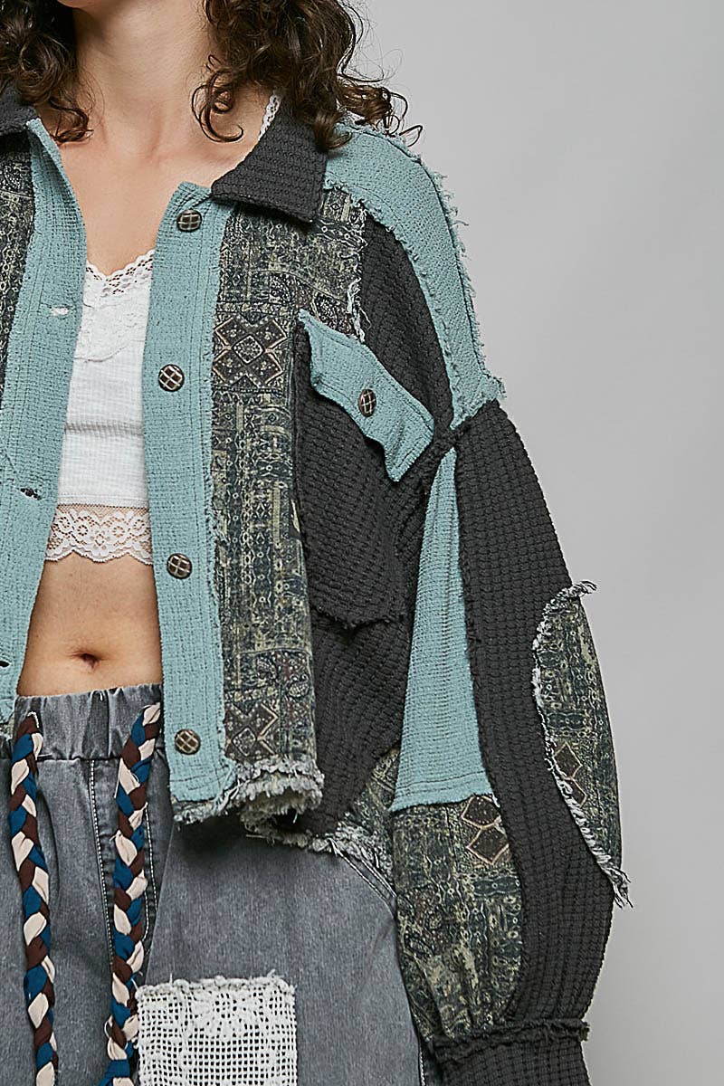 Pol Clothing - Balloon Sleeve Contrast Paisley Pattern Cropped Knit Jacket