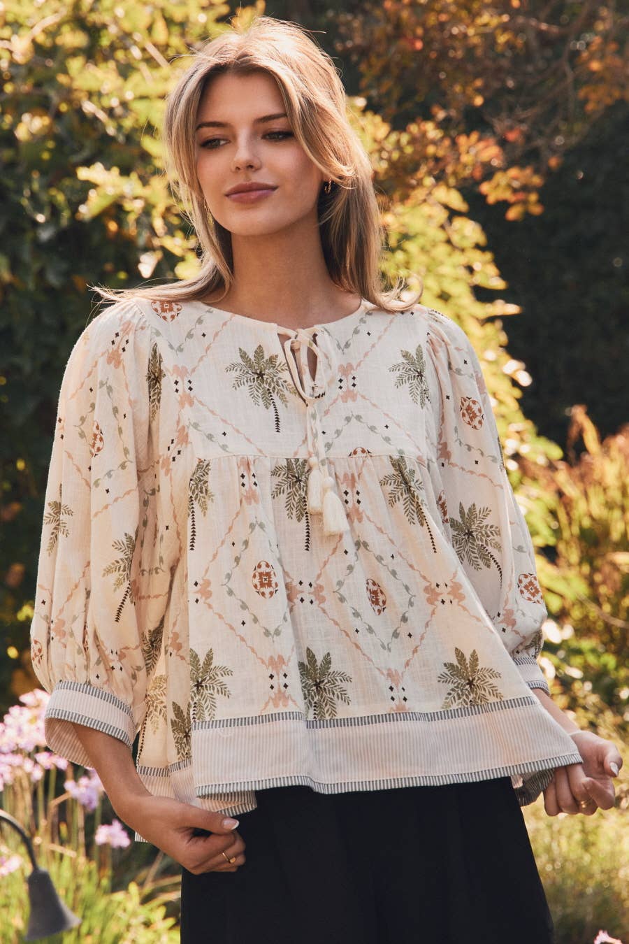 Oddi - Tropical Printed Woven Peasant Blouse