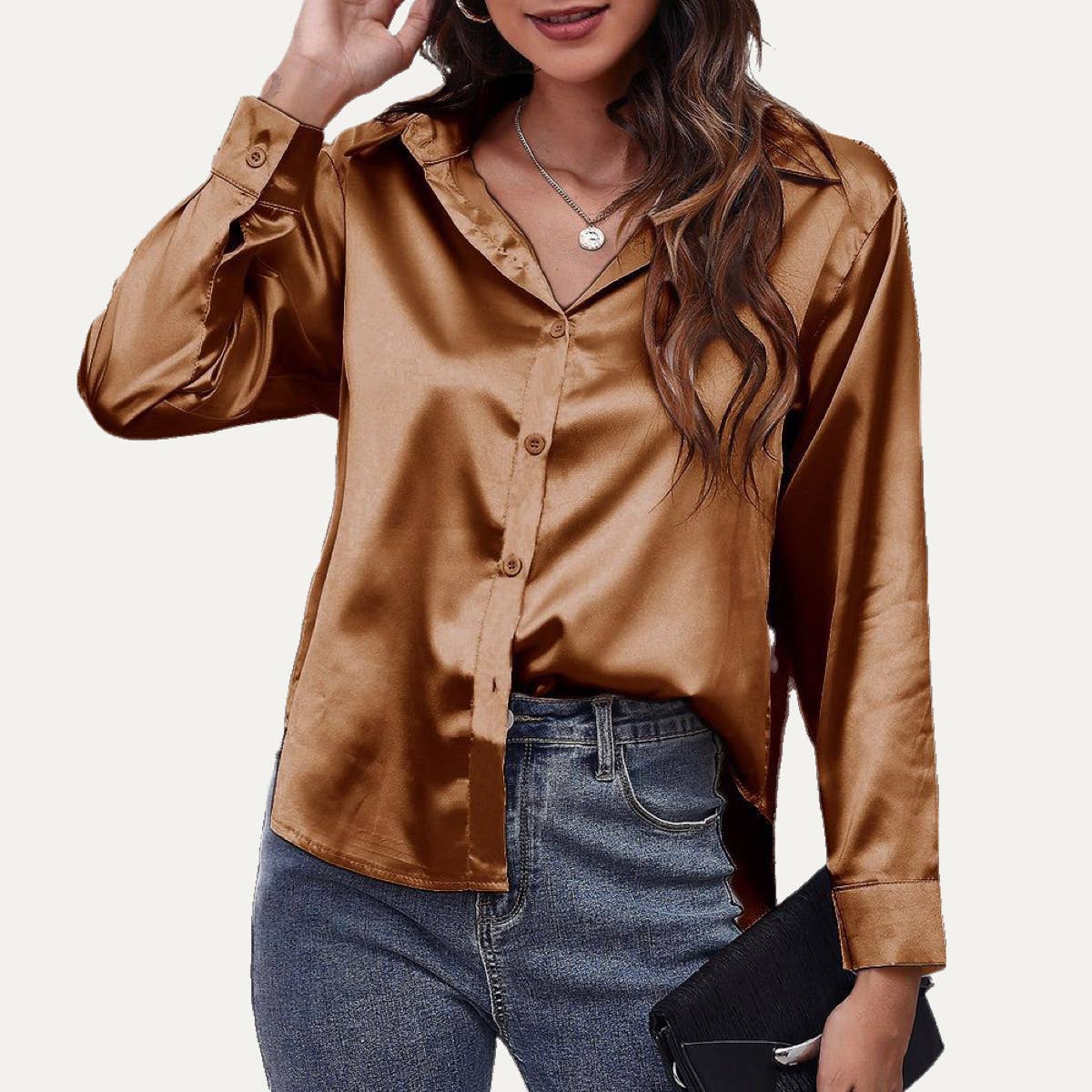 Easily Chic Solid Long Sleeve Button-Up Satin Shirt: CHAMPAGNE / XL