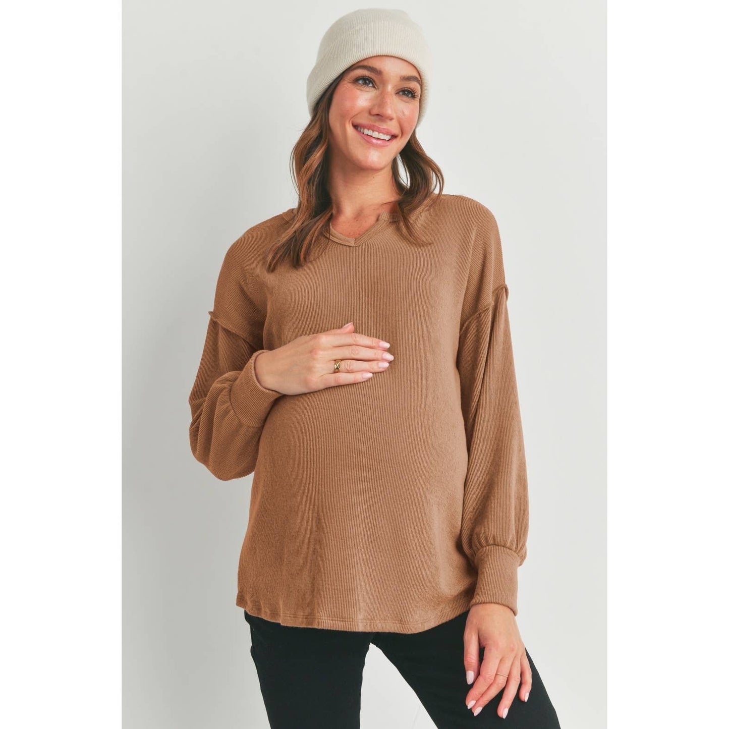 Hello Miz - Split Neck Long Sleeve Maternity Knit Top