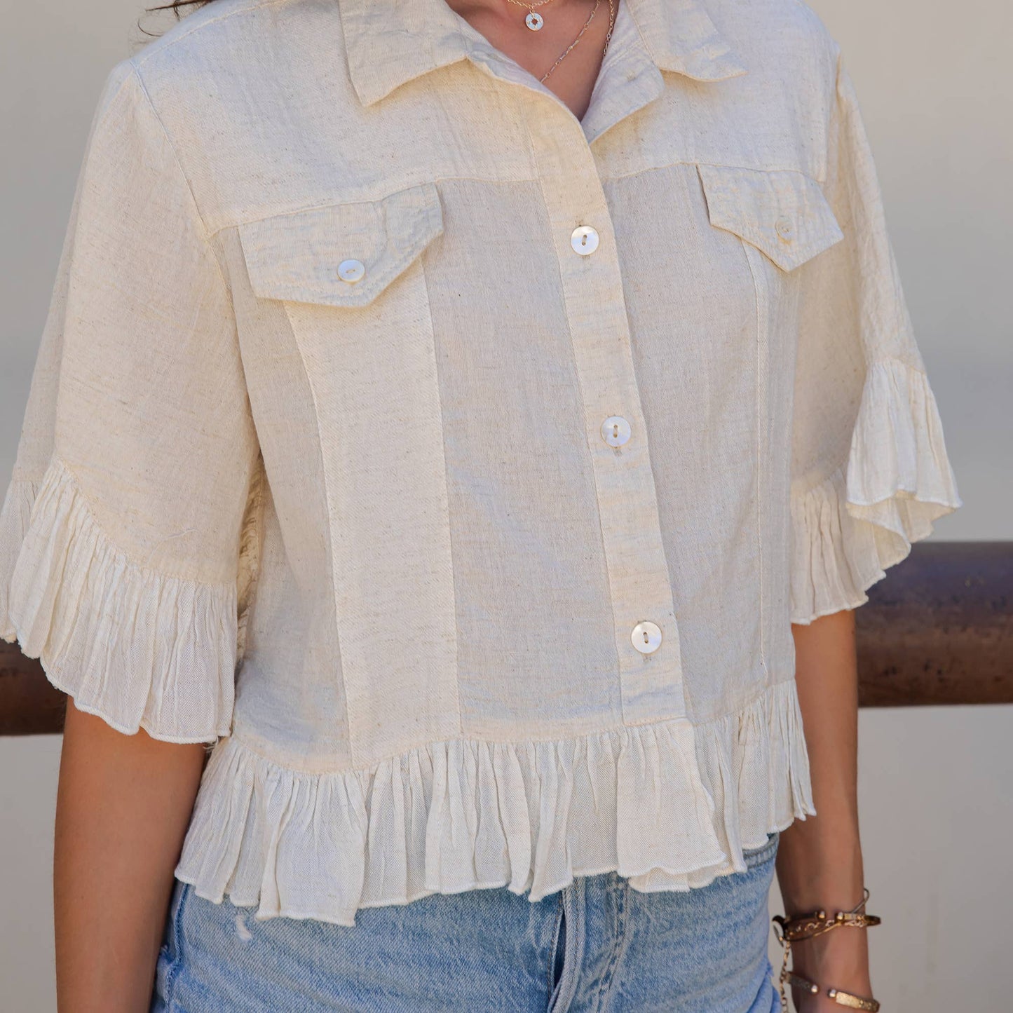 Young Threads - Distressed Denim Crop Jacket with Ruffled Hem