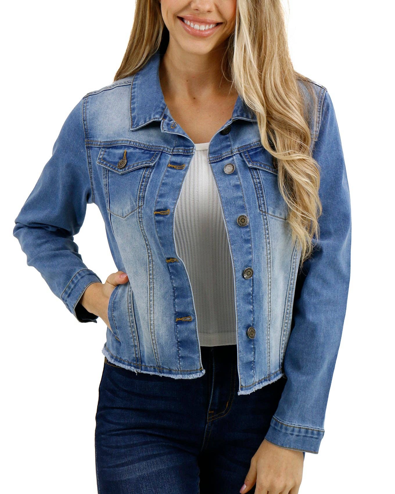 Grace and Lace - Soft Wash Denim Jacket in Mid-Wash