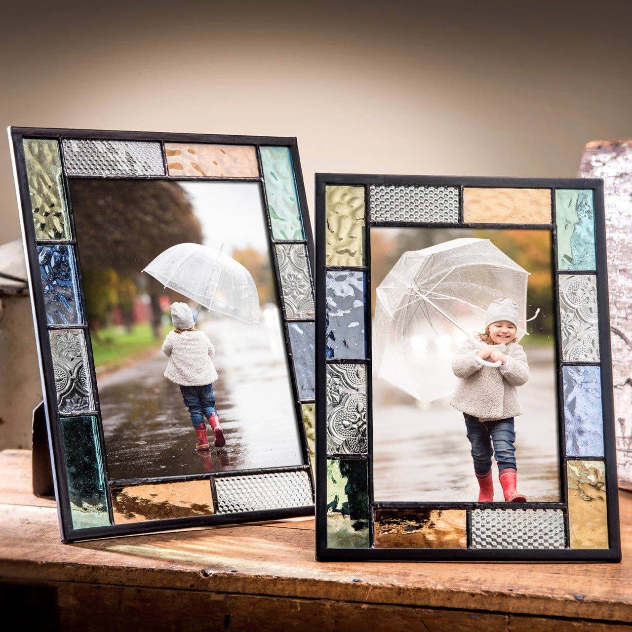 J Devlin Glass Art & Bert Anderson Collection - Pic 412-413 Multi Colored Pastel Glass - Easel Back Frame Series