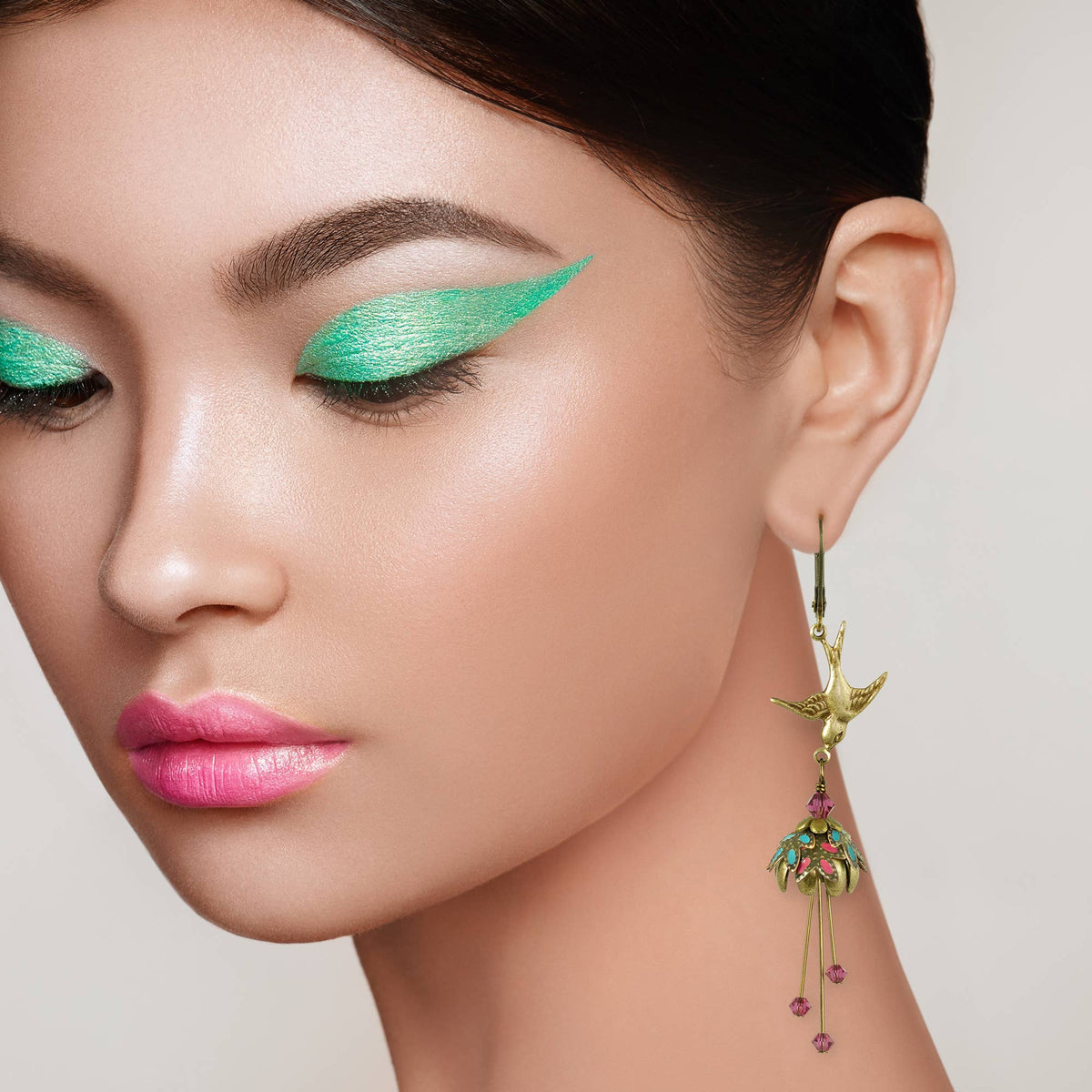 NoMonet - Flower Fairy: Floral Bird Hand Painted Earrings w/ Crystals