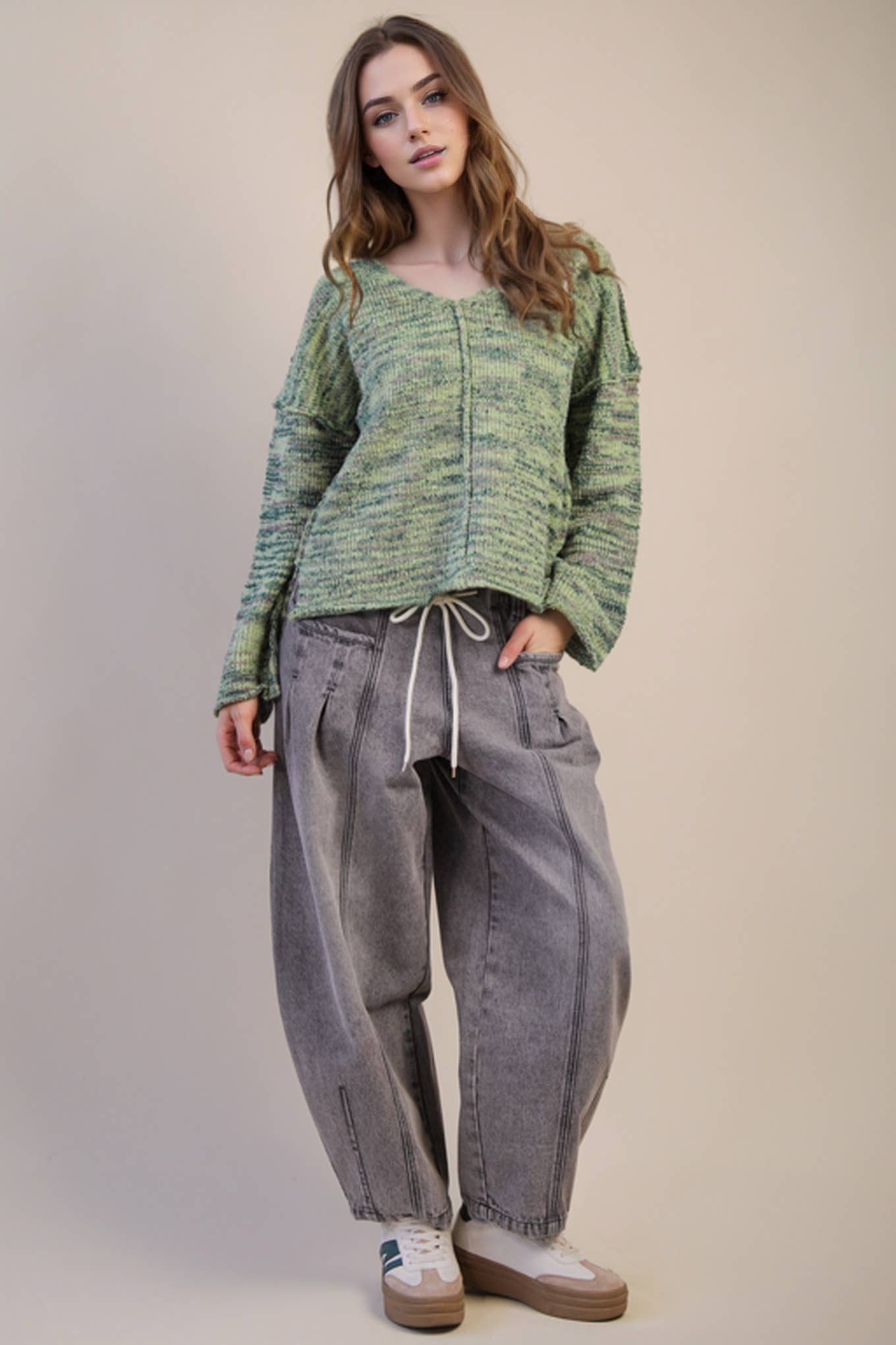 VERY J - 12W3270N-Oversized Casual Multi Color Knit Sweater Top