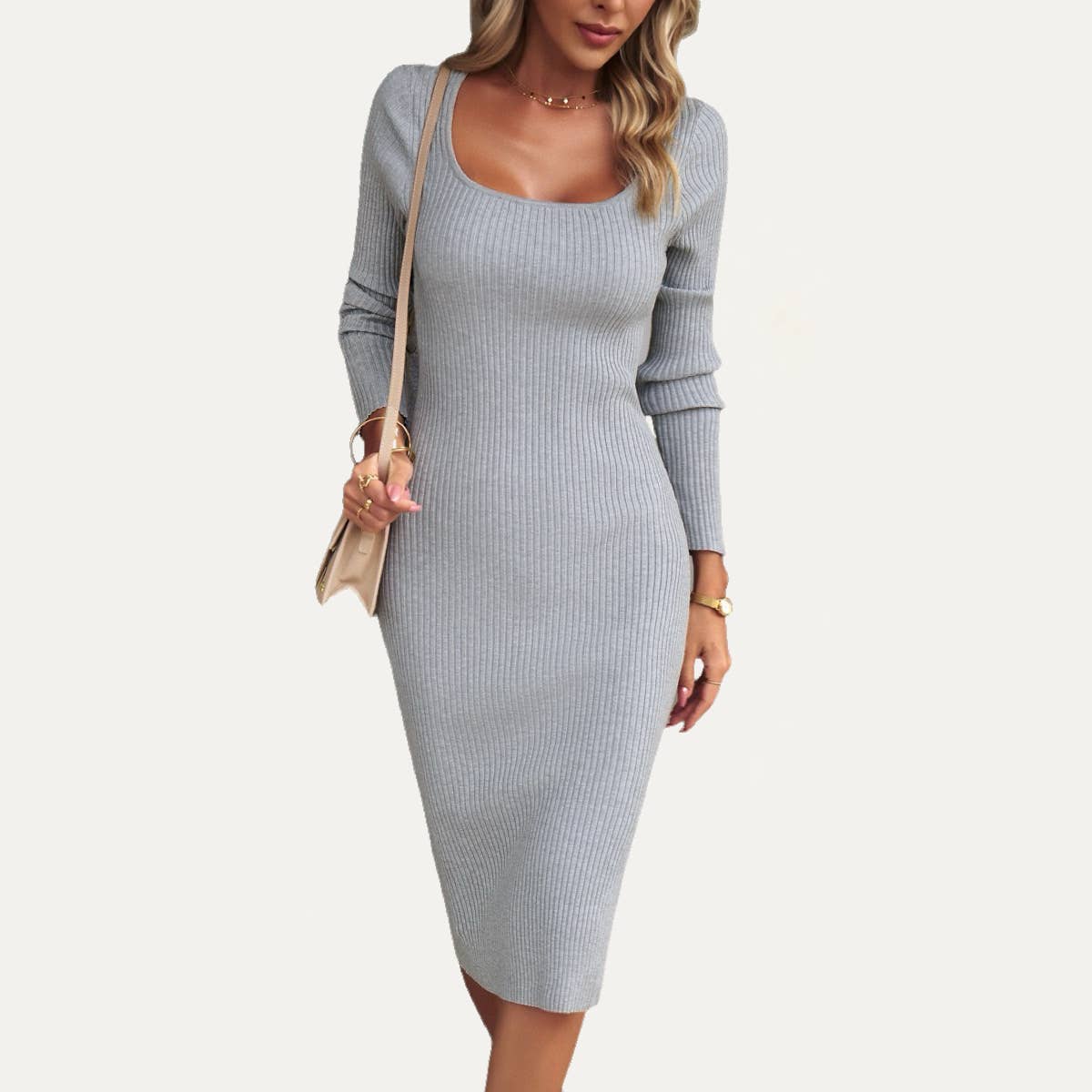 The Moment Collection - Classic Solid Ribbed Knit Long Sleeve Bodycon Midi Dress