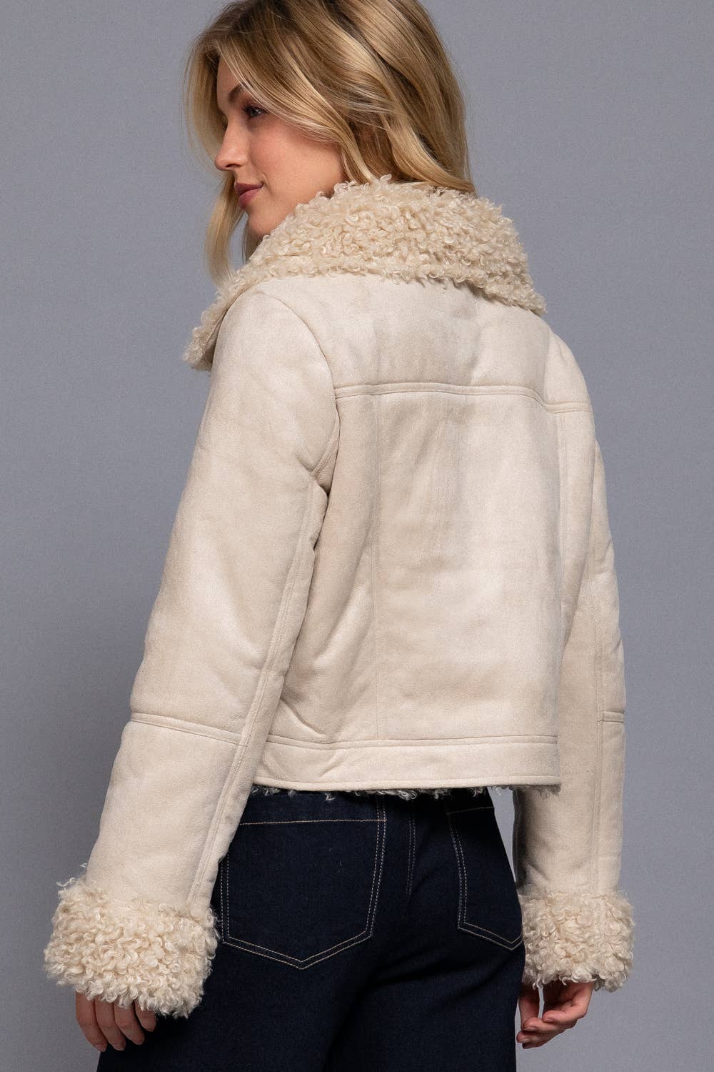 Active Basic | Active USA - Long Sleeve Inside Fur Detail Penny Lane Suede Short Jacket