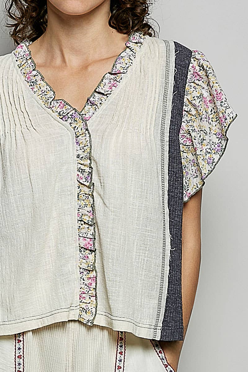 Pol Clothing - V neck Ruffle Sleeve Pintuck Contrast Woven Top