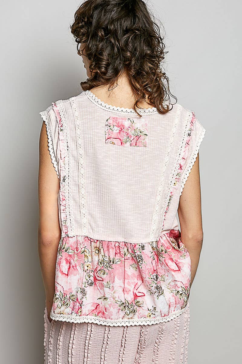Pol Clothing - V-neck Floral Pattern Trim Ruffle Rib Knitted Sleeveless Top