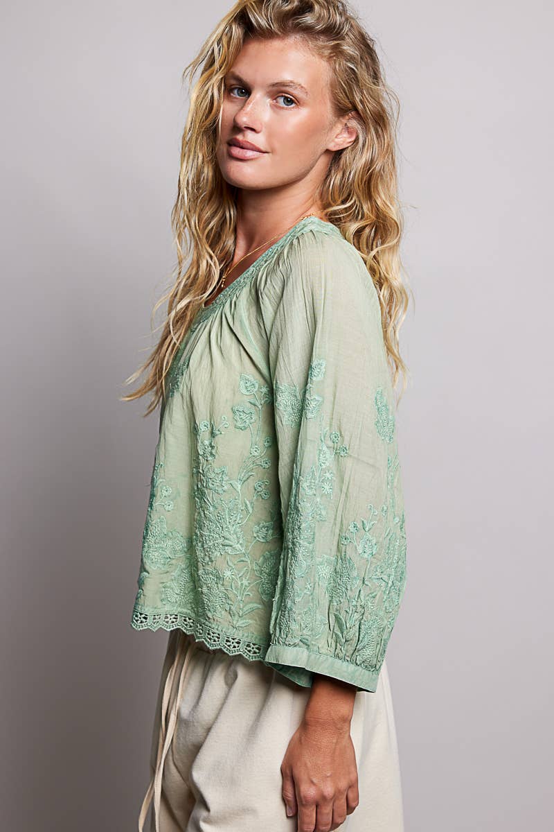 Pol Clothing - Floral Embroidered Lace Hem Boho Blouse