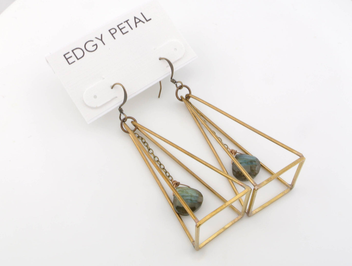 Edgy Petal Jewelry - Labradorite Brass Pyramid Gemstone Earrings 3-D Statement