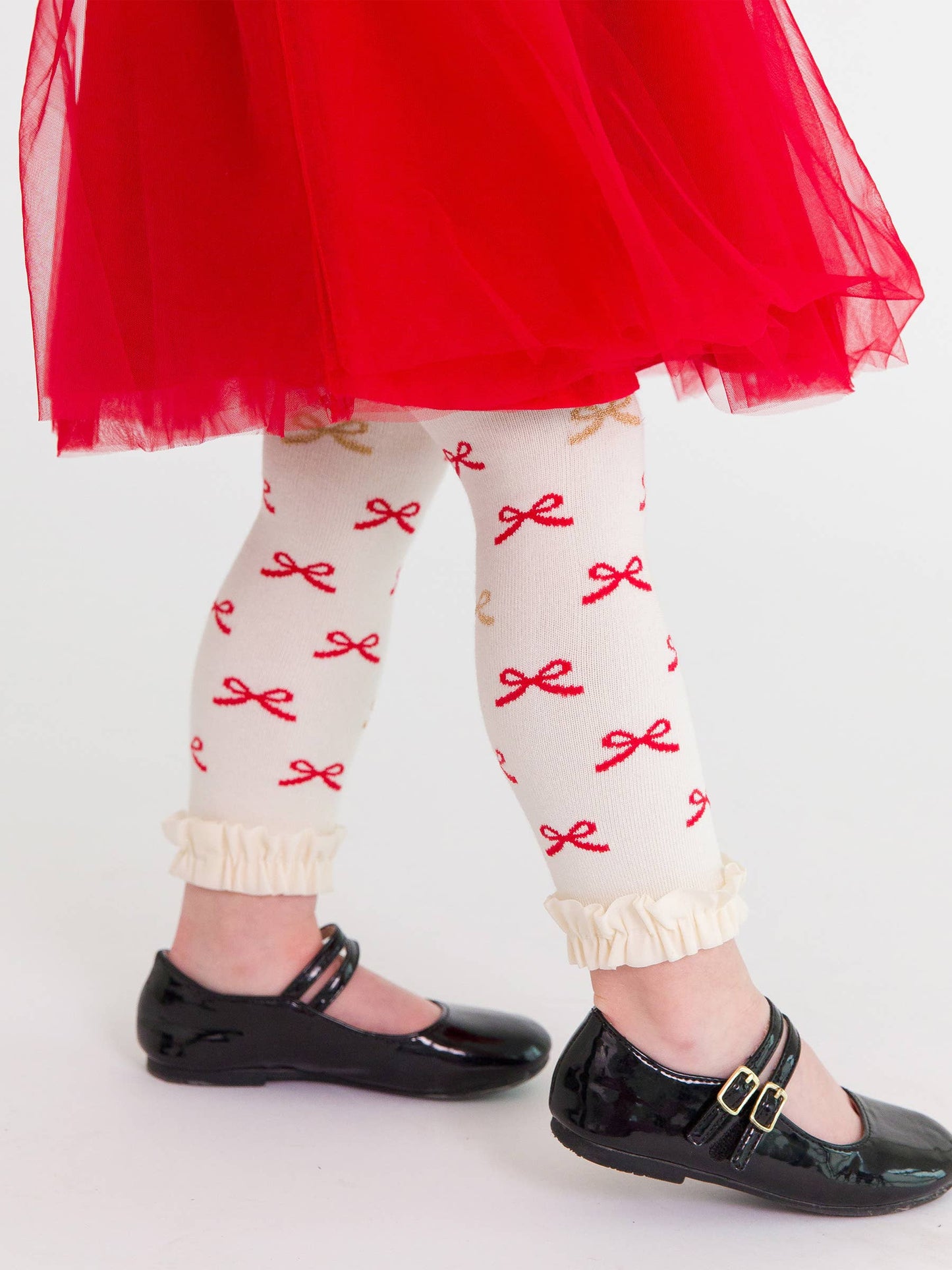 RuffleButts + RuggedButts - Girls Red Sparkle Bow Ribbon Patterned Footless Ruffle Tights