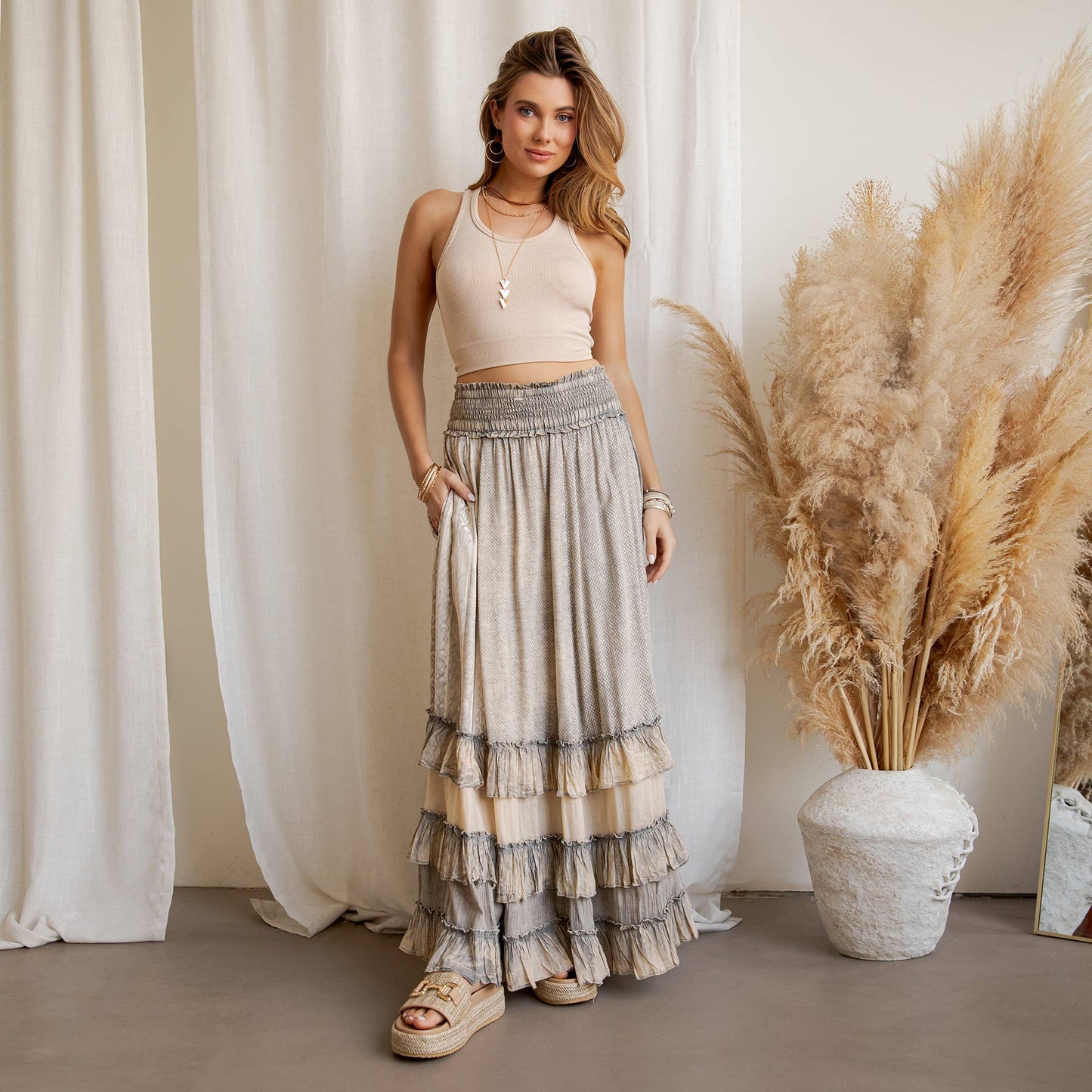 Young Threads - Rustic Textured Smocked Waist Ruffled Tiered Maxi Skirt