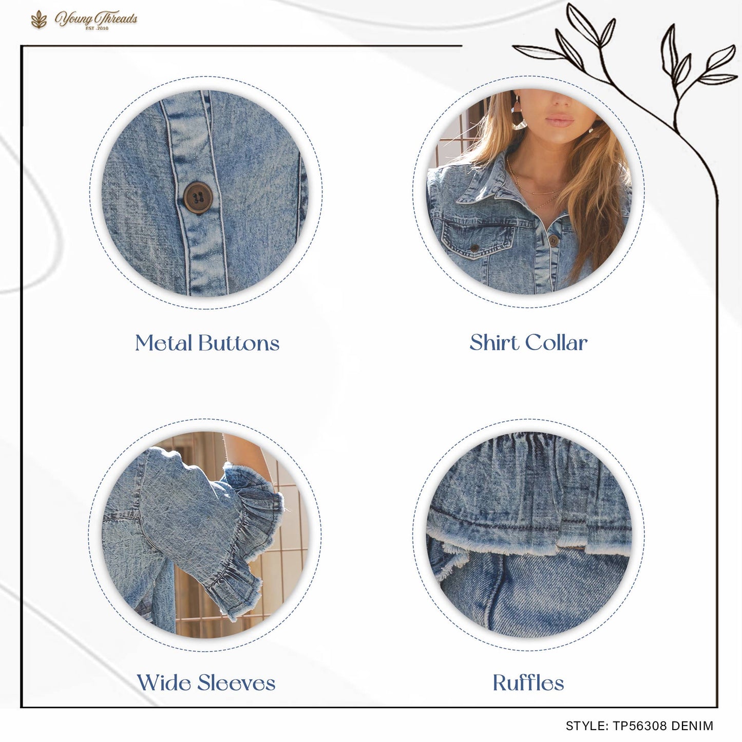 Young Threads - Distressed Denim Crop Jacket with Ruffled Hem