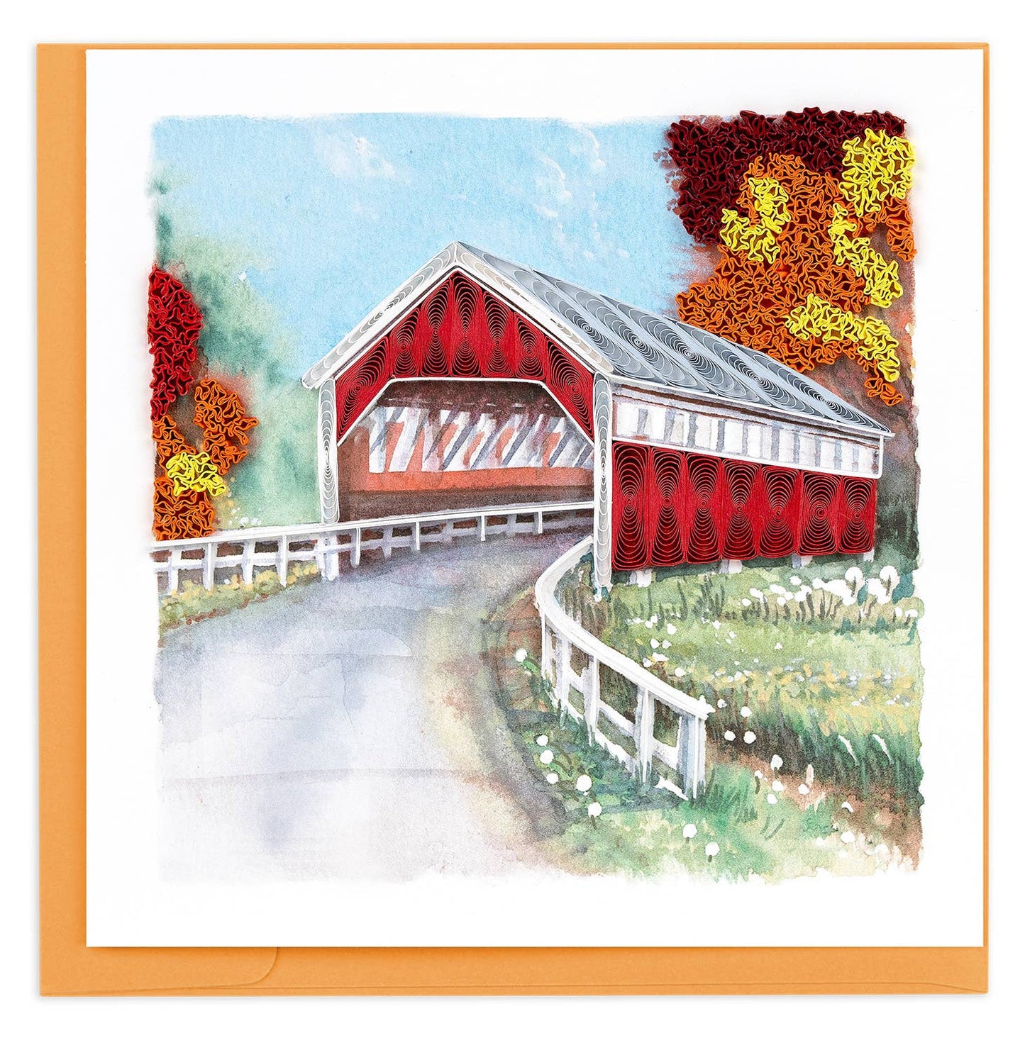Quilling Card - Quilled Red Covered Bridge Greeting Card