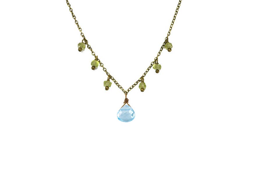 Edgy Petal Jewelry - Sky Blue Topaz and Peridot Beaded Dainty Fringe Necklace