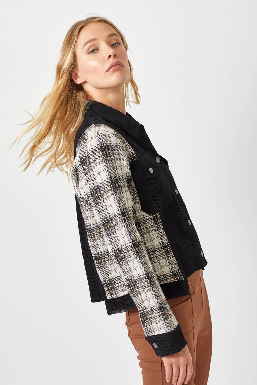 Mystree - 60213 Plaid Sleeve Corduroy Jacket