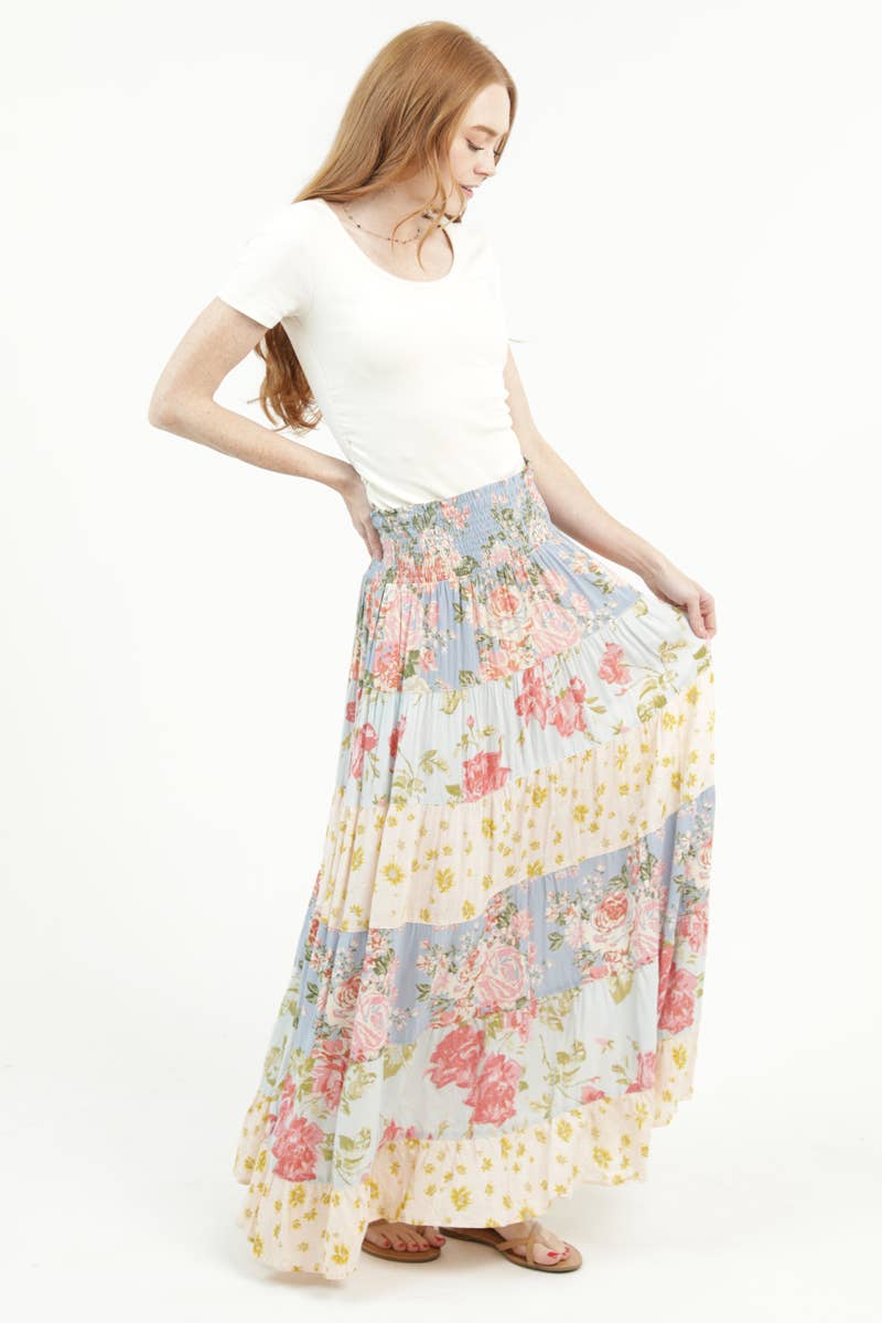 ANGIE - 26P57-WB24-WB25 MIX PRINT A LINE MAXI SKIRT WITH SMOCKED WAI