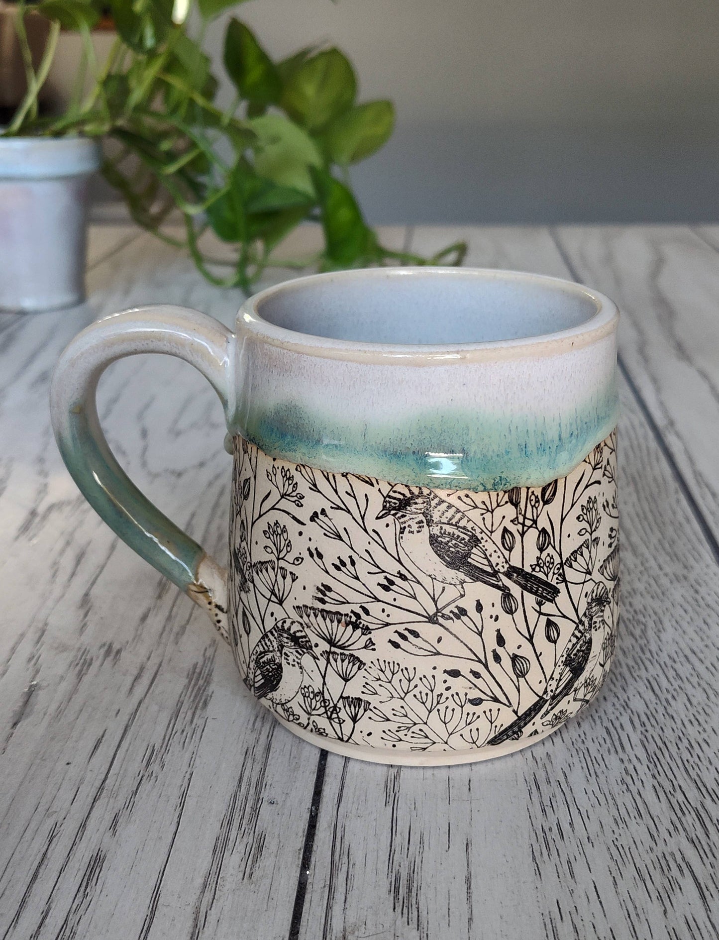 Rise and Design Art Studio - Floral Bird Textured Mug with Green Accents (12–16oz)