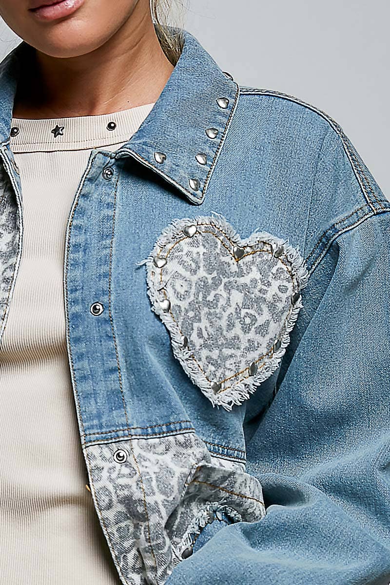 Pol Clothing - Heart-Shaped Patch Pockets Texture Stud Collar Woven Jacket