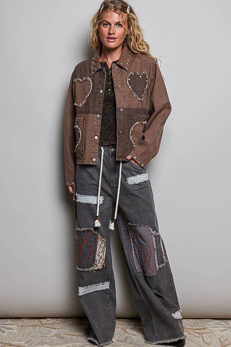 Pol Clothing - Heart-Shaped Patch Pockets Texture Stud Collar Woven Jacket