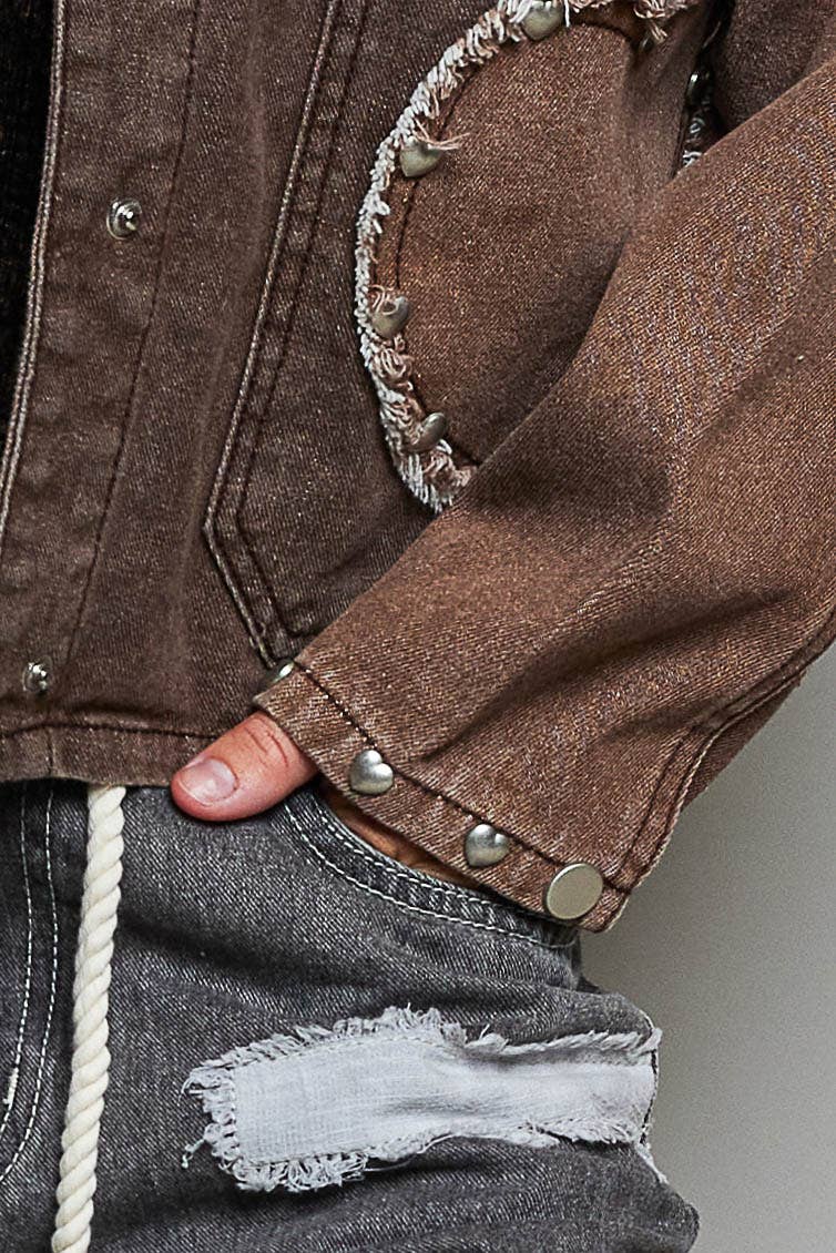 Pol Clothing - Heart-Shaped Patch Pockets Texture Stud Collar Woven Jacket