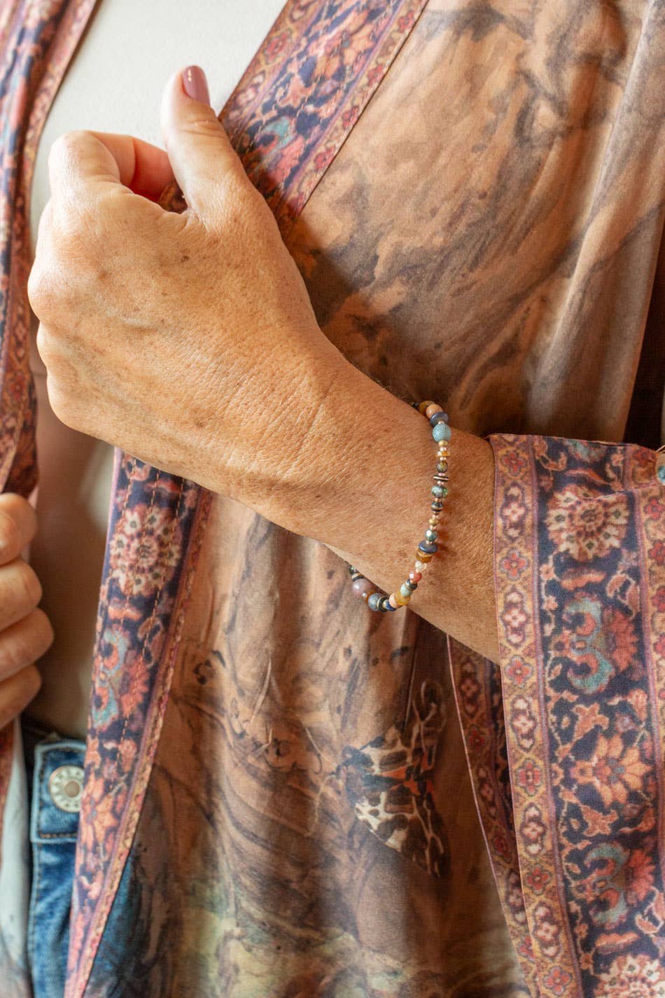 Anne Vaughan Designs Jewelry - Storyteller 7.5-8.5" Czech Glass, Muscovite, Wood Collage Bracelet