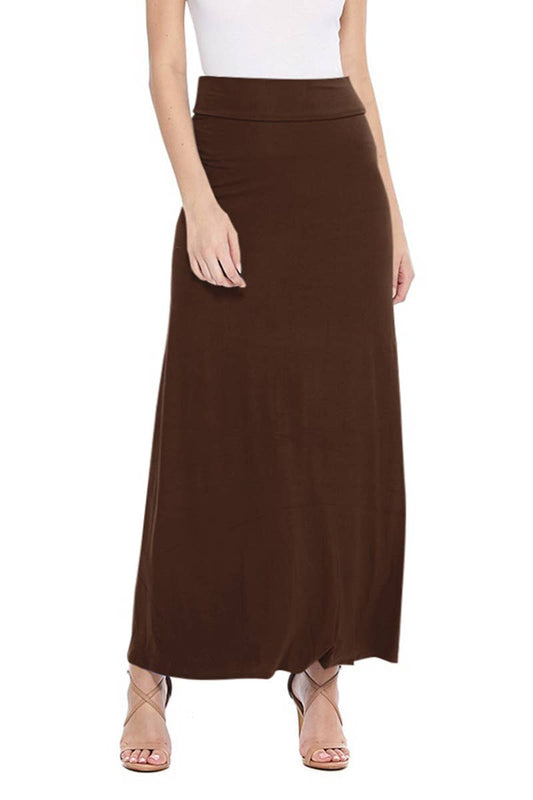 Solid Color Basic Casual Knit Long Maxi Skirt: L / Brown