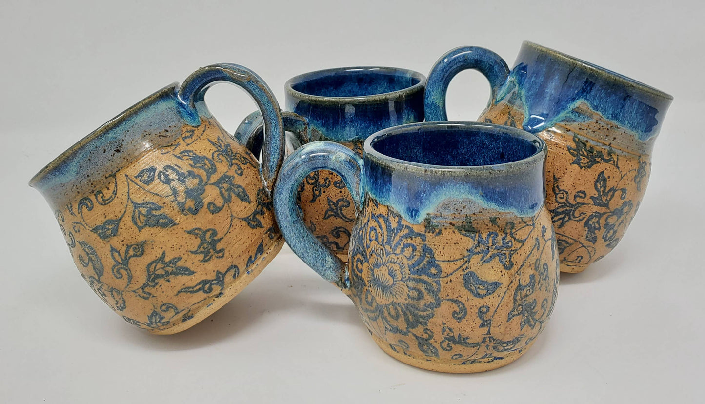 Turtle Hollow Pottery - Rustic Victorian Blue Floral Mug