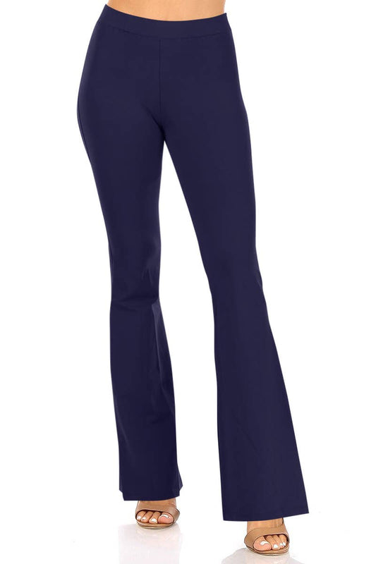 Women's Solid Basic High Rise Flared Hem Pants: L / Navy