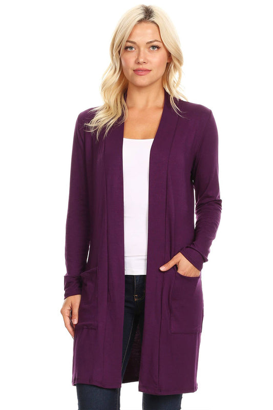 Women's Long Sleeves Side Pockets Solid Cardigan (Open Pack): Small / Plum