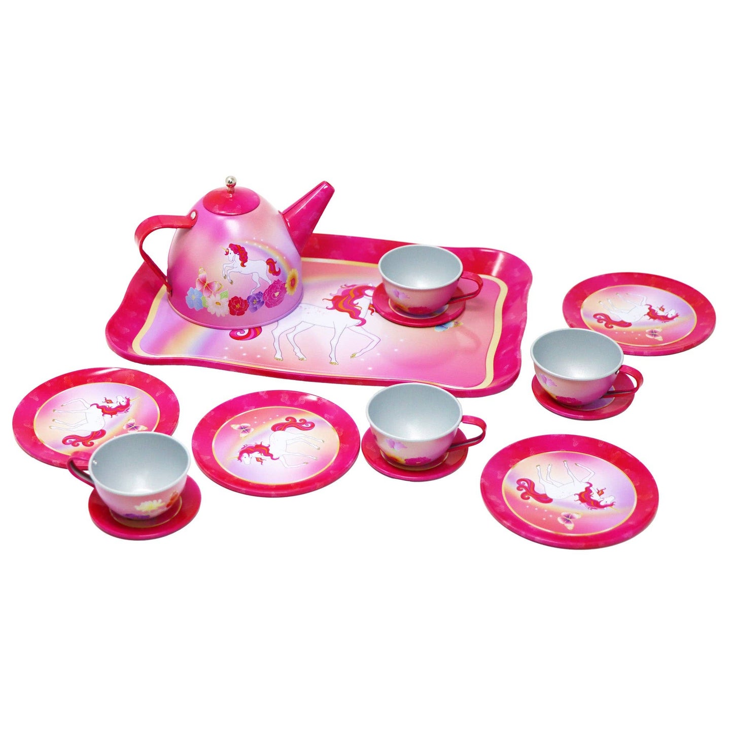 Pink Poppy USA - Unicorn Butterfly 14 Piece Kids Play Pretend Tin Tea Set | Pack of 2
