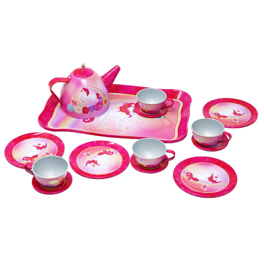 Pink Poppy USA - Unicorn Butterfly 14 Piece Kids Play Pretend Tin Tea Set | Pack of 2