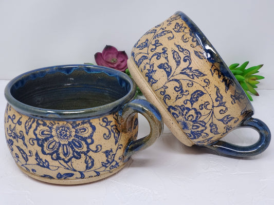 Turtle Hollow Pottery - Rustic Victorian Blue Floral Soup Bowl