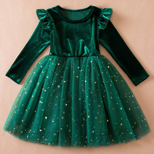 Little Trendy - Christmas girls star sequin tutu dress with flying sleeve