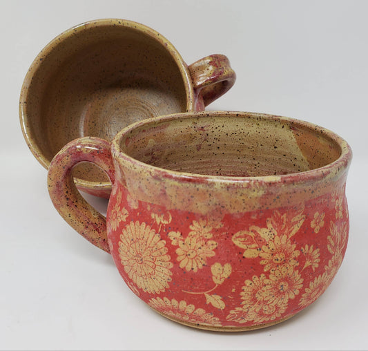 Turtle Hollow Pottery - Rustic Victorian Red Floral Soup Bowls