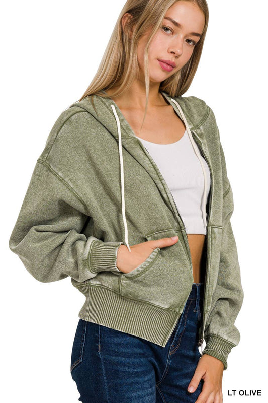 Acid Wash Fleece Cropped Zip-up Hoodie W Pockets: 2-2-2 (S-M-L) / LT OLIVE
