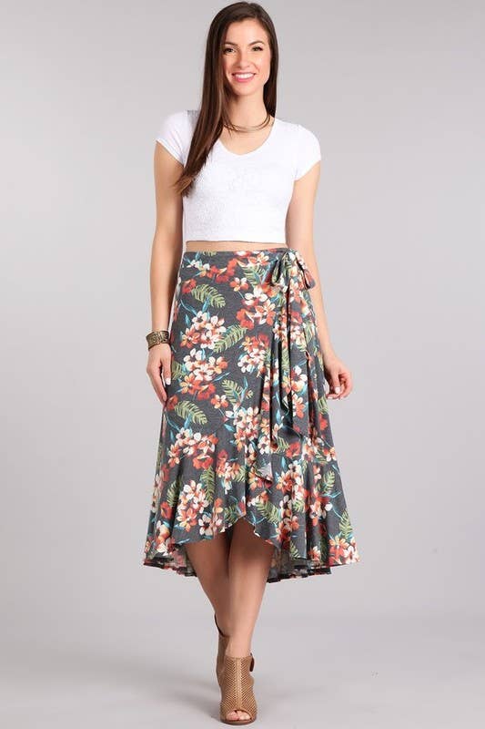 Chris & Carol Apparel - COTTON BLEND FLORAL FRILL FRONT WRAP SKIRT - 1801124S