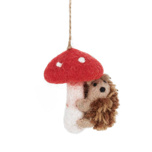 Handmade Felt Toadstool Hedgehog Hanging Woodland Decoration